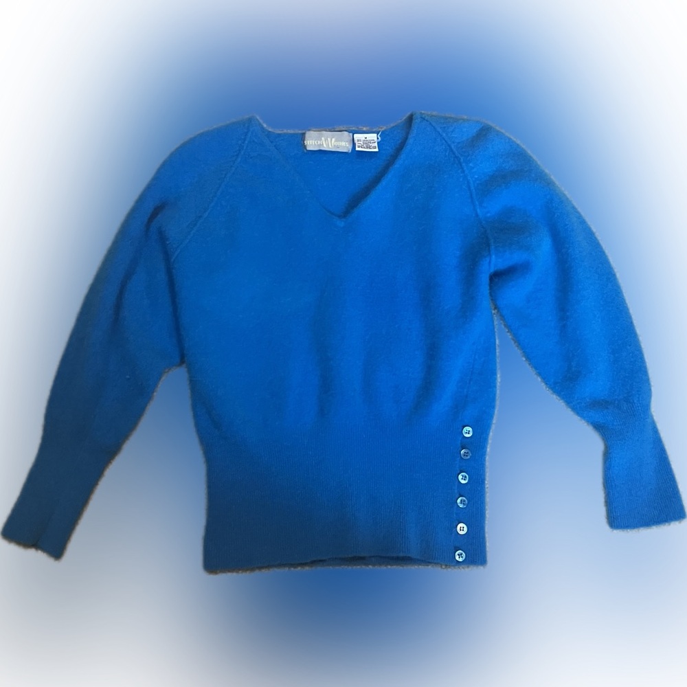 Lambswool/Angora Blue V-Neck Sweater with Button Accents Size M